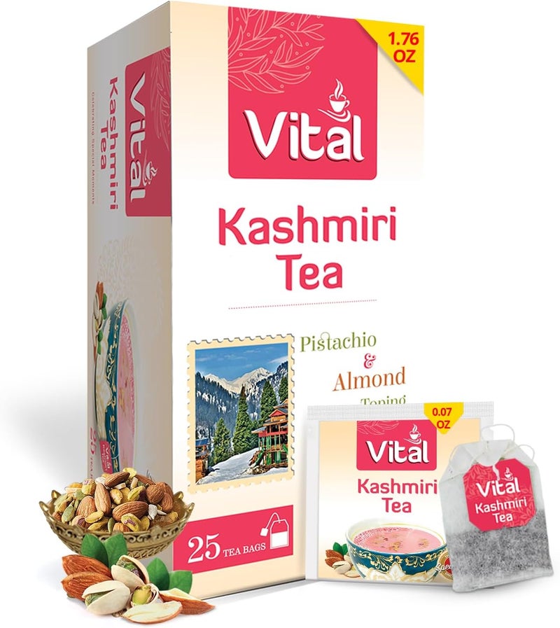 Vital Kashmiri Green Tea - 25 Individually Wrapped Tea Bags with Real Pistachio & Almond Topping - Image 1